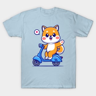 Cute Shiba Inu Waving Hand On Scooter Cartoon T-Shirt